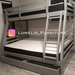 Twin/Full Gray Bunk bed w. Drawers & Ortho Mattresses Included 