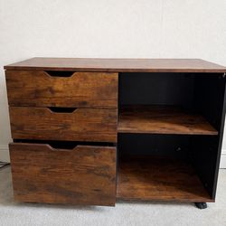 Rustic Wood Rolling File Cabinet w/ Drawers & Shelves – Excellent Condition