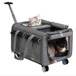 Cat Carrier With Wheels For 2 Cats, Double Compartment Pet Carrier On Wheels For 2 Cats, 21" X 17" X 13" Not For Airline Dark Grey 