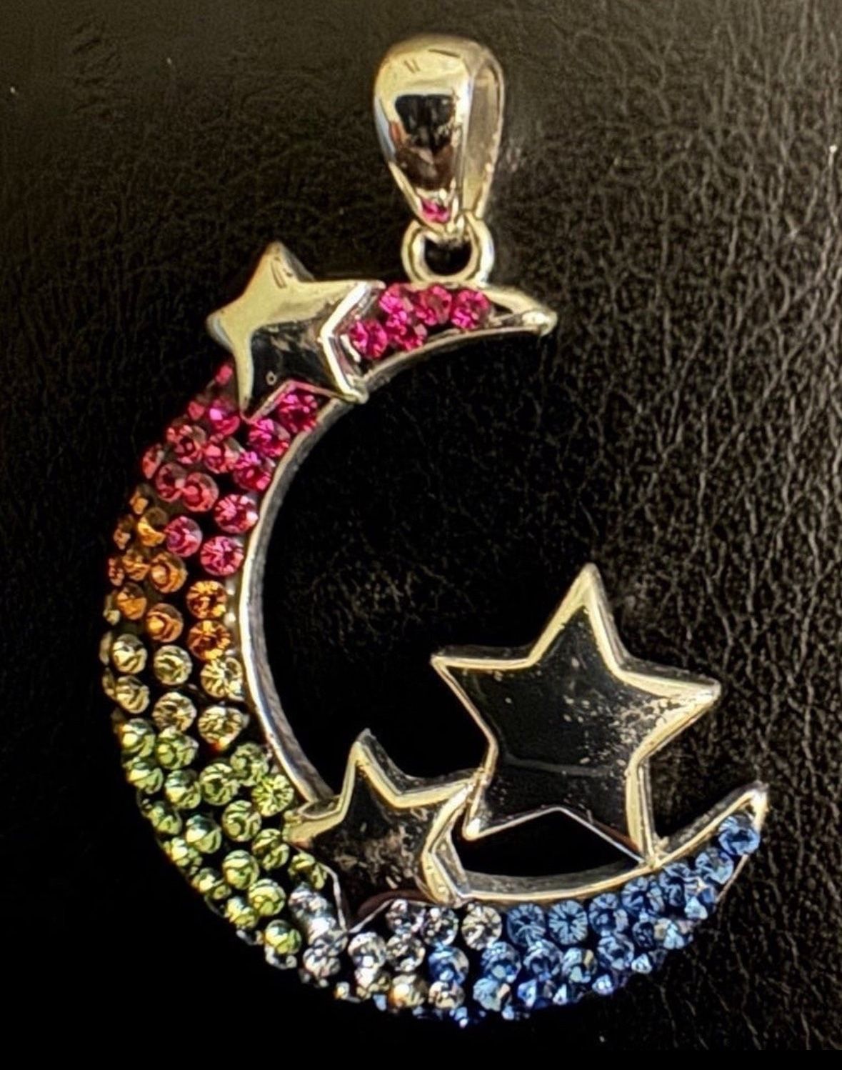 Sparkling Colorful Crescent Moon with Stars Pendant