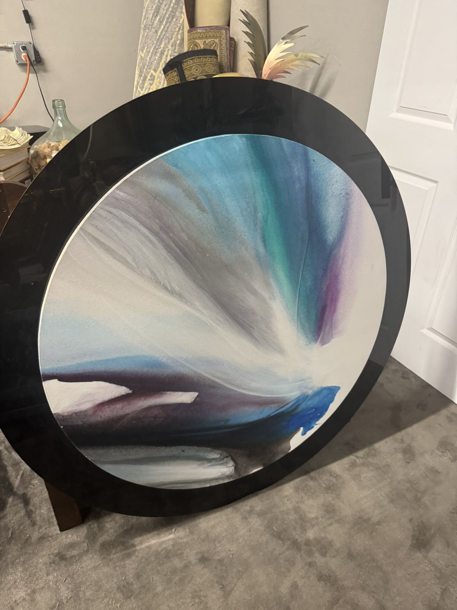 Abstract Round Acrylic Canvas Painting Mounted Smoke Plexiglass by Ted R. Lownik - Retail : $2200