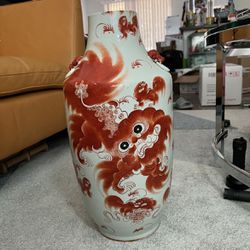 Old Antique Chinese Painted Iron Red Foo Lions Porcelain Vase 49cm