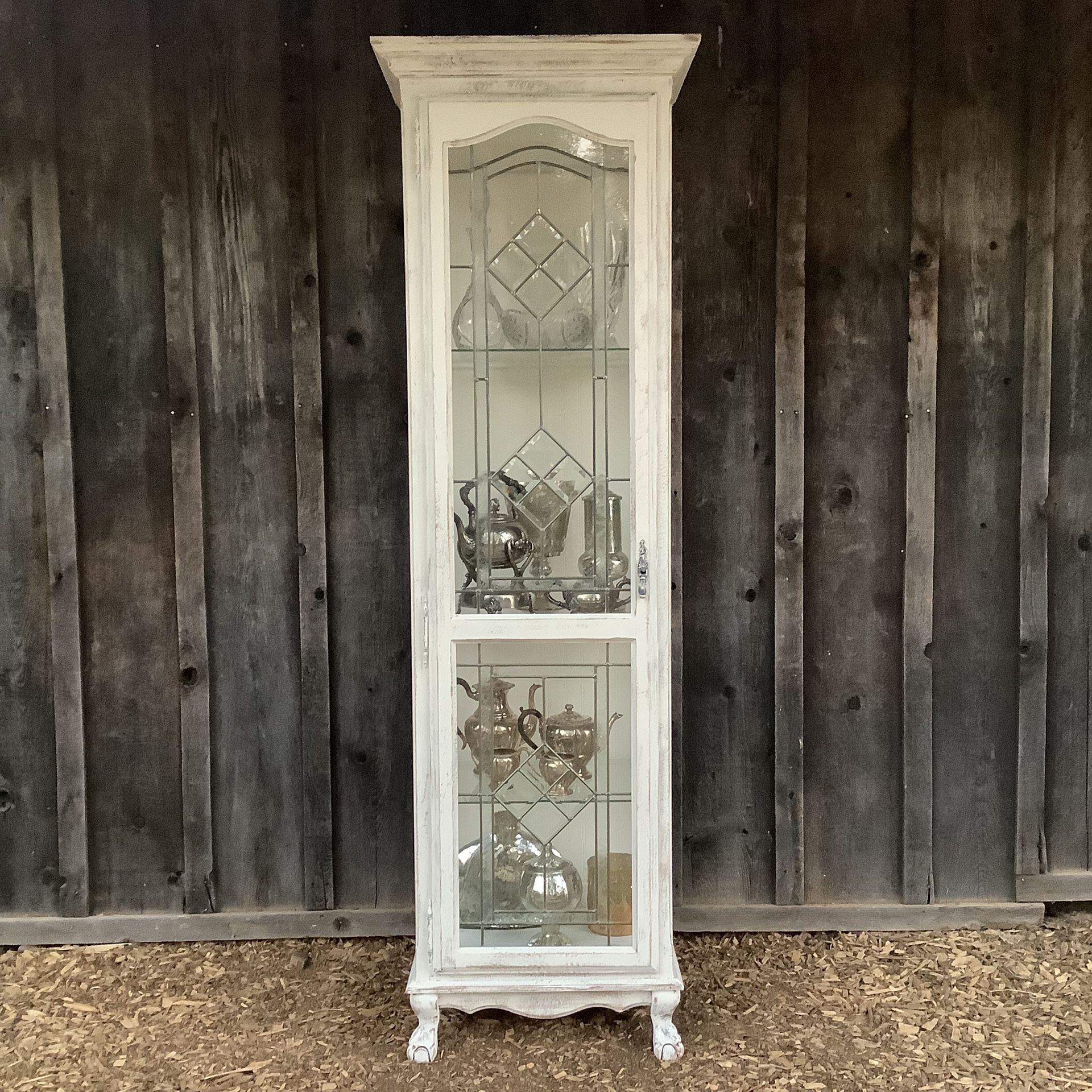 “Shabby Chic” Curio Display Cabinet With 4 Shelves - Beveled Leaded Glass Door Front 