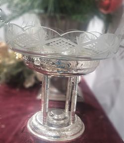 Cut Glass & Silver-Plated Pedestal Centerpiece Bowl –10"