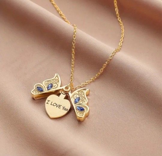 Gold Rhinestones women's lady's Butterfly Open Locket pendant necklace gift.  