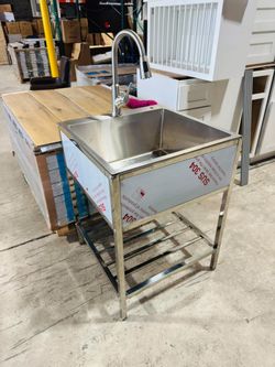 Stainless Steel Freestanding Laundry Sink with Faucet 24”w x 24”l x 10”D x 32”H $189 in box, $209 assembled