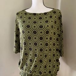 Michael Kors Olive Green Brown Geometric Dolman Sleeve Peasant Top Blouse M