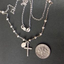 Sterling Silver 925 Rosary Style Religious Mary Medal And Cross Pendant Charms Necklace 18-in Dainty