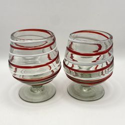STUNNING…Vintage RED AND WHITE SWIRLINE COGNAC HANDBLOWN GLASSES SET of 2 