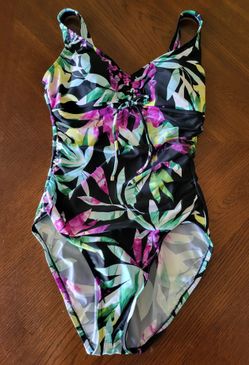 👙 Aqua Green Women’s Medium Tropical Floral One-Piece Swimsuit – Ruched Tie Front