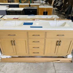 Brand New Bathroom Vanity in Teak color, Soft Close Solid Wood with Top in White  Available in 72” $1219, 60” $979 and 48” $819 