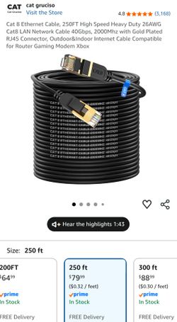250 ft. Cat 8 Ethernet Cable, Gold Plated RJ45 Connector, High Speed Heavy Duty Outdoor/Indoor