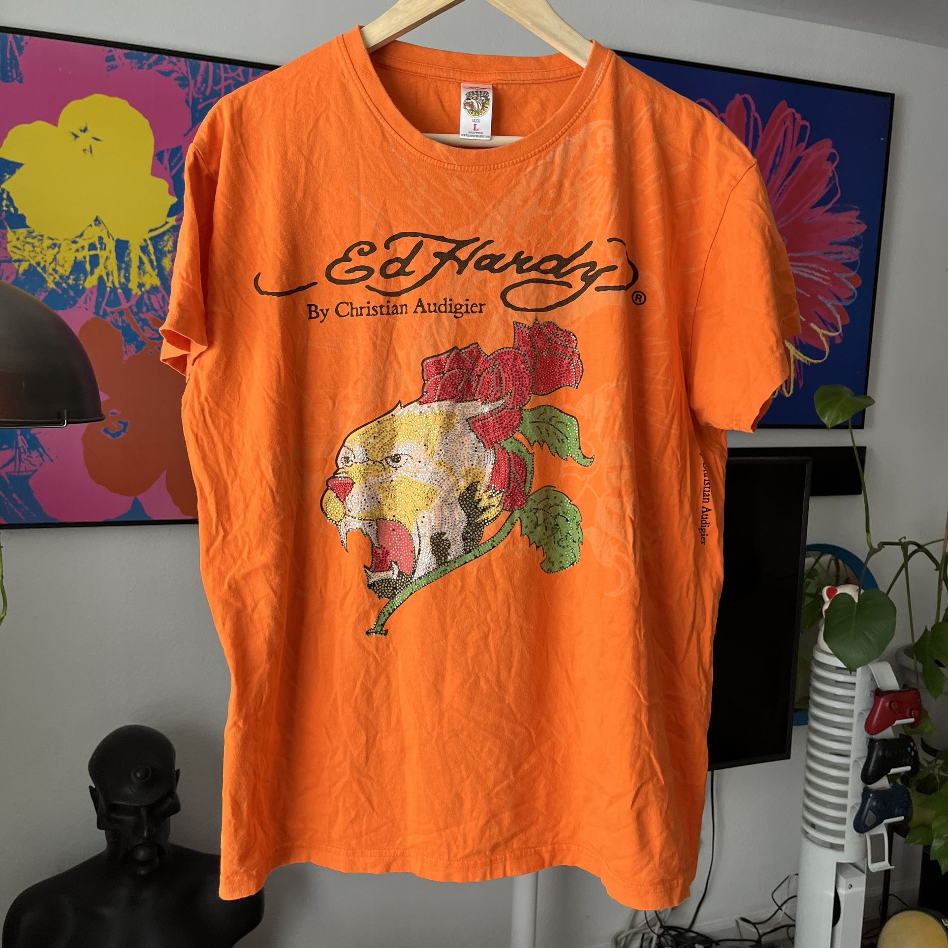 Large Y2K Ed Hardy rhinestone tiger roses orange shirt