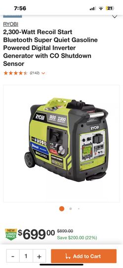 RYOBI 2,300-Watt Recoil Start Bluetooth Super Quiet Gasoline Powered Digital Inverter Generator with CO Shutdown Sensor