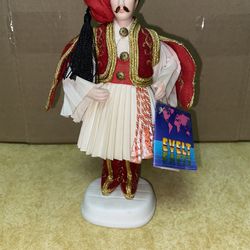7.5 inch Vintage Evelt Handmade Greek Porcelain Doll 102 E Evzone Imported From Greece