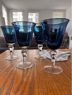 Vintage Cobalt Blue Water Goblets Set of 4: Libbey Teardrop Stem - 1970s