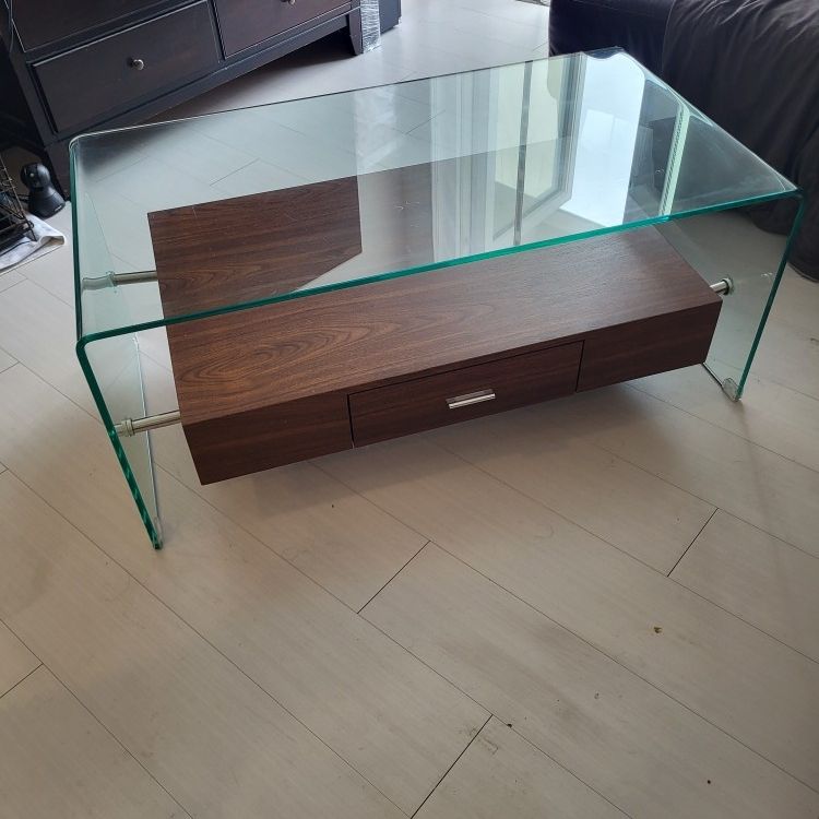 Coffee Table Glass With Floating Wood Shelf