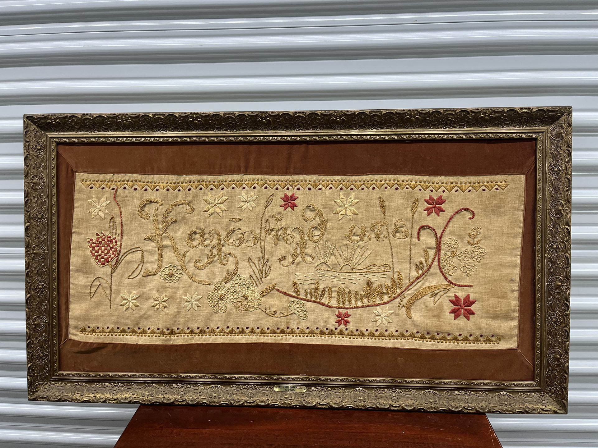Unique Antique framed stitched art/tapestry 44 x 24