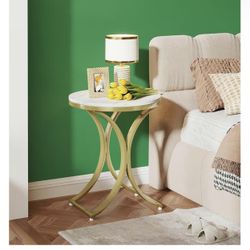 Round Marble - Look Side Table with Gold Metal Legs, Stylish End Table for Living Room, Bedroom