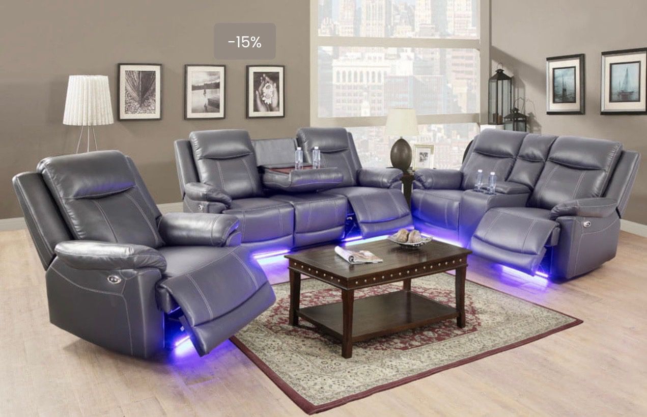 Power Electric Grey Leather Fully Reclining Couch Set