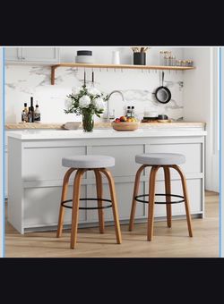 Set of 2 Swivel Bar Stools with Wood Legs