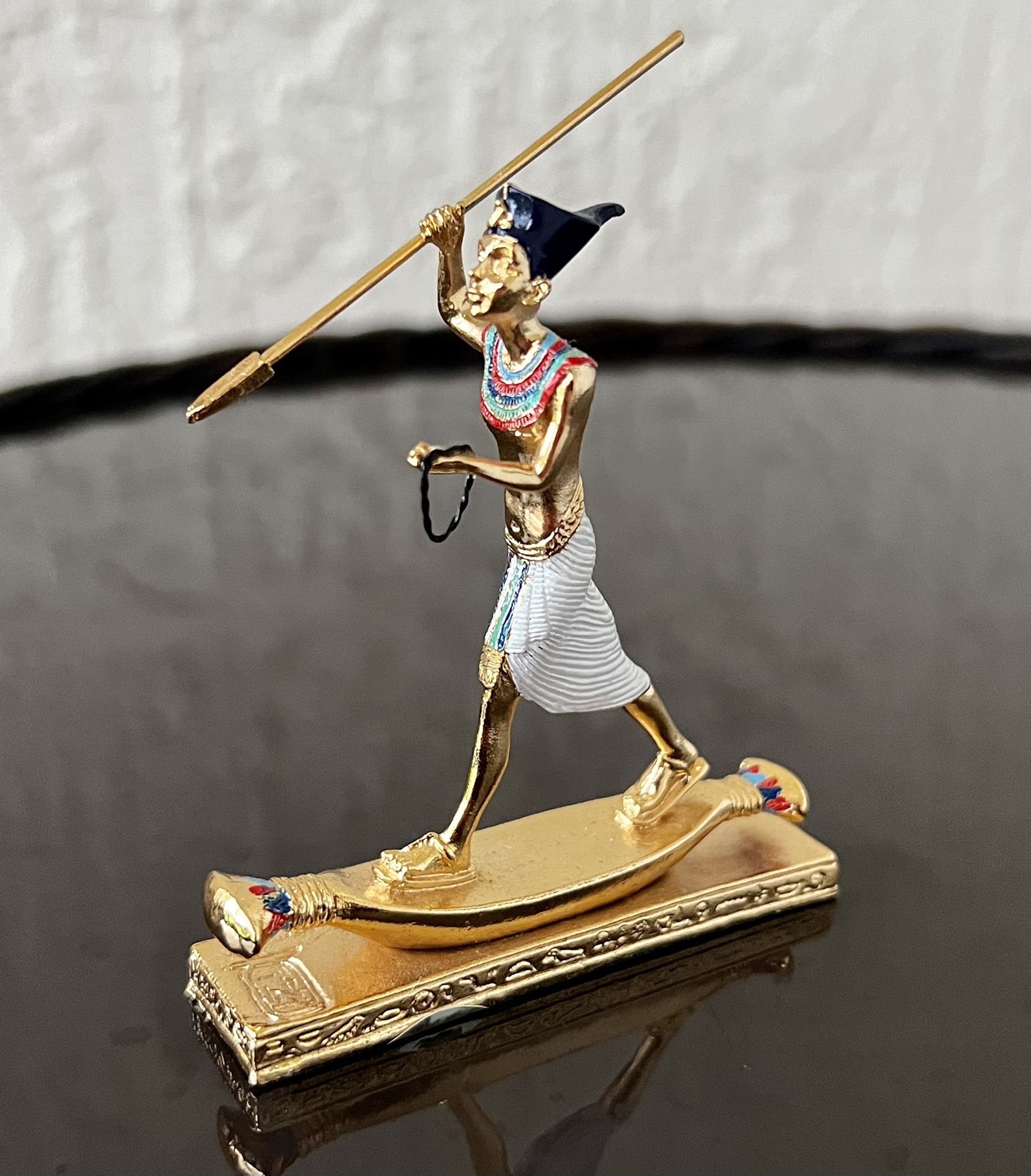 metal egyptian summit collection figurine Gold King Tut on Reed Boat Holding Spear - Egyptian Museum Piece Gold King Tut Statue  on Reed Boat Hunting 