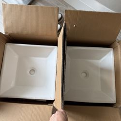 2 pc Vanity Above Counter Sinks Sqare Modern White Porcelain Ceramic Bathroom Vessel Vanity Sink Art Basin Square 16.3X16.3Vessel Sink