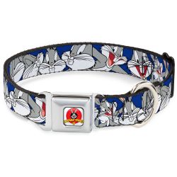 Looney Tunes Logo Full Color White Seatbelt Buckle Collar- Bugs Bunny CLOSE-UP Poses Blue