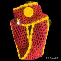 Burgundy and gold Handmade Knit crochet scarf with flower brooch