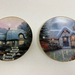 Knowles Thoms Kinkade "Candlelit Cottage" and Woodsman's Thatch Cottage" Plates