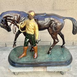 Vintage Large Bronze Statue • Jockey & Racing Horse by PJ Mene 40” 