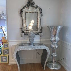 Cut Mirror Glass Table And Matching Mirror Stand 