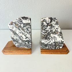 Pair Bookend Natural Rough Stone Wood Base Over 19Lbs Zebra Stone Water Ripples