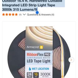 Armacost Lighting RibbonFlex Pro 24-Volt White COB Outdoor 16.4 ft. Hardwired Cuttable Integrated LED Strip Light Tape 3000k 315 Lumens/ft