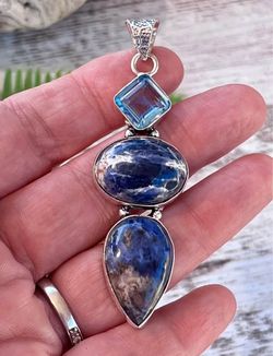 Blue Topaz & Sodalite Gemstone Silver 2.8” Pendant