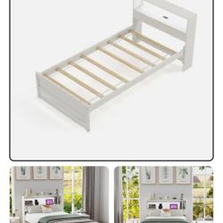 Twin Size Wood Bed Frame & Charging Station Storage Headboard Built-in LED Light
