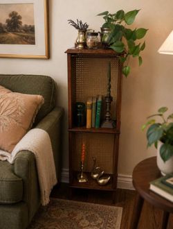 Vintage Cane Accent Shelf / Display Cabinet – Solid Wood