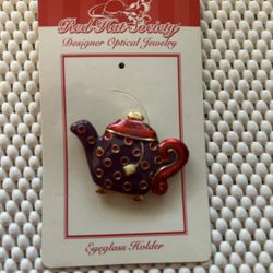 Vintage Red Hat Society Enamel Teapot Pin With A Drop Down Loop