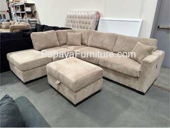 105”L Reversible chaise couch. New! Camel Plush Sectional And Storage Ottoman, Sectional Couch, Sofa, Reversible Sectional, Couch, Brown Sectional, Re