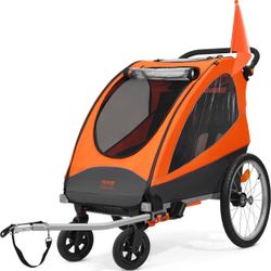 Bike Trailer for Toddlers, Kids, Double Seat, 100 lbs Load, 2-In-1 Canopy Carrier Converts to Stroller, Tow Behind Foldable Child Bicycle Trailer with