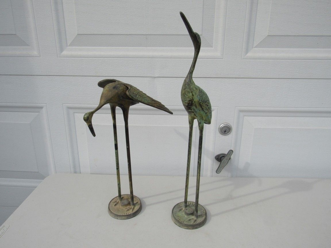 Pair of Crane Heron Egret Bird Statues Solid Brass Painted 20" Tall