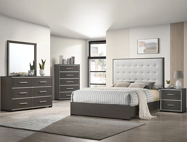 New 5 Piece Tufted Bedroom Set With Padded Headboard. Free Delivery!