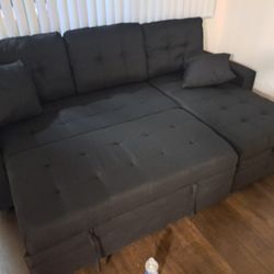 Black Linen Sectional Sofa W/storage Chaise And Pullout Bed