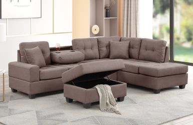  Fabric Reversible Sectional Sofa & Ottoman w/ Throw Pillows
