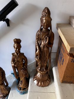 Lot Of Three Gilded Chinese god and goddesses hand Sculpted Statues From The 40’s and 50’s Signed By Artist