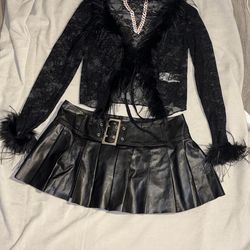 All black leather skirt lace top with faux fur