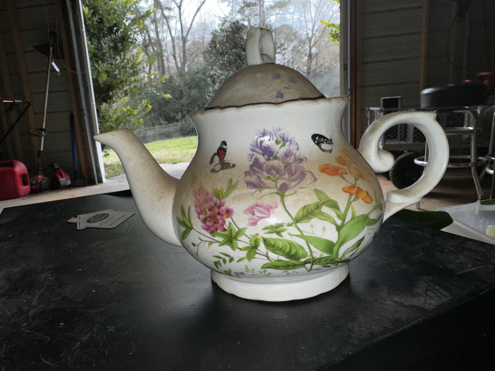 Vintage Tea Pot Flowers and Butterflies