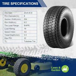 2 20 x 8.00-8 lawnmower tires, 20 x 8-8 nhs lawn saving tire replacement for lawnmower, garden tractor, golf cart, tire load range of $80
