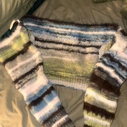 Striped blue green, white and brown cardigan/crop sweater with a collar
