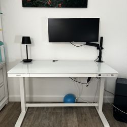 White Glass Top Standing Desk With Drawer, White Chair, Monitor And Mount